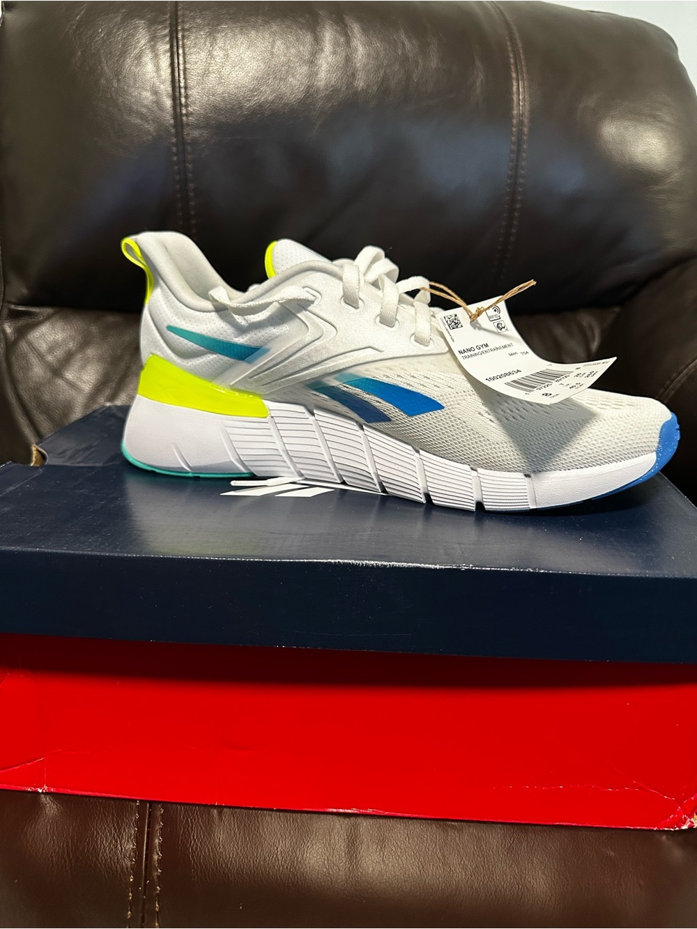 Reebok Men's Athletic Shoes in White, Blue & Neon Yellow